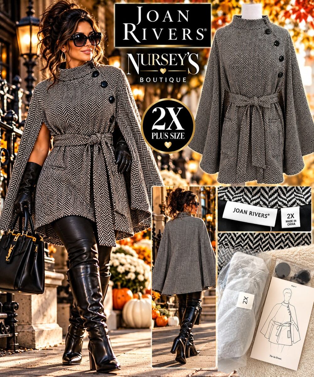 Joan Rivers 2X NWOT Herringbone Wool Blend Belted Cape Coat Black Ivory